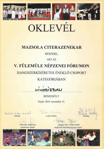 Oklevél: Mazsola Citerazenekar