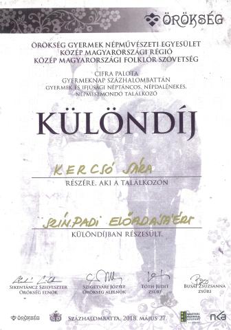 Oklevél: Kercsó Sára